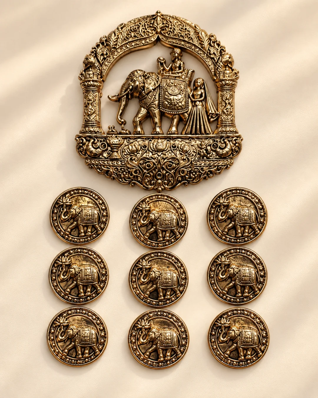 Antique Gold Royal Elephant Brooch & Button Set – Maharaja Design