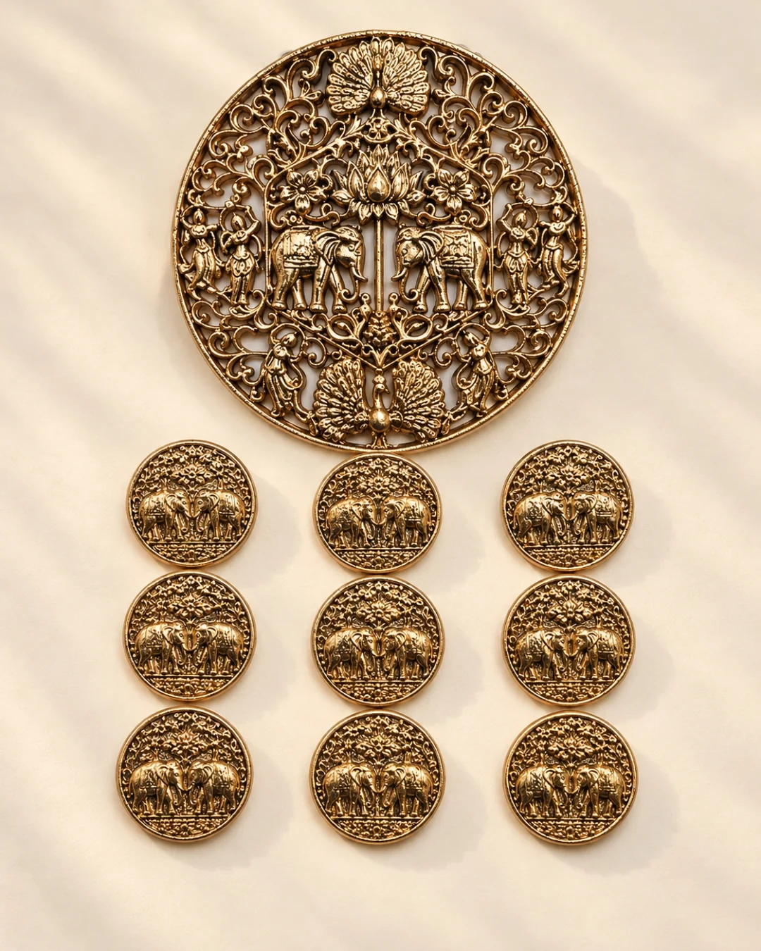Antique Gold Royal Elephant Brooch & Button Set – Heritage Motif