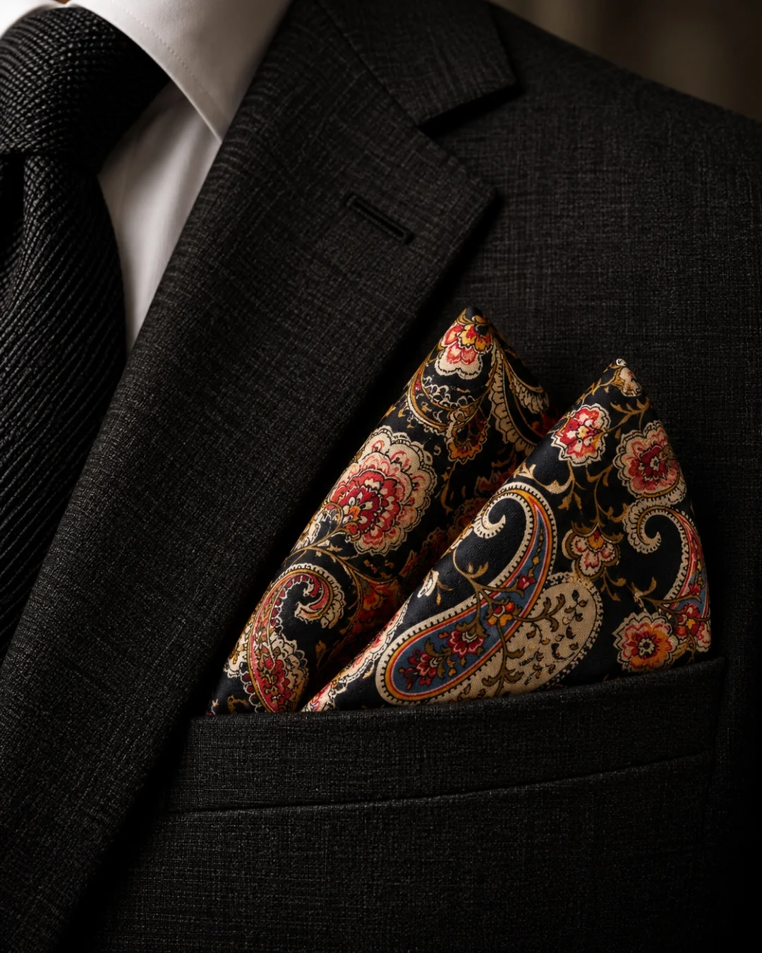 Royal Black Floral Paisley Pocket Square