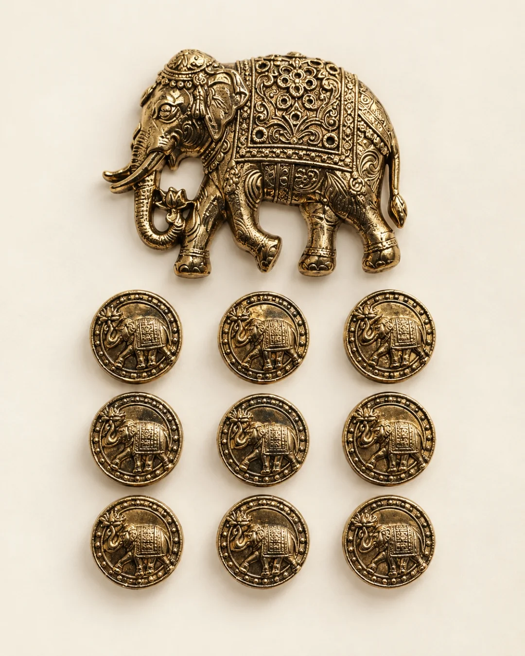 Antique Gold Royal Elephant Brooch & Button Set – Ornate Heritage Design