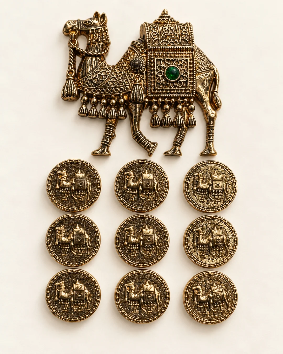 Antique Gold Royal Camel Brooch & Button Set – Green Stone Embellished Design