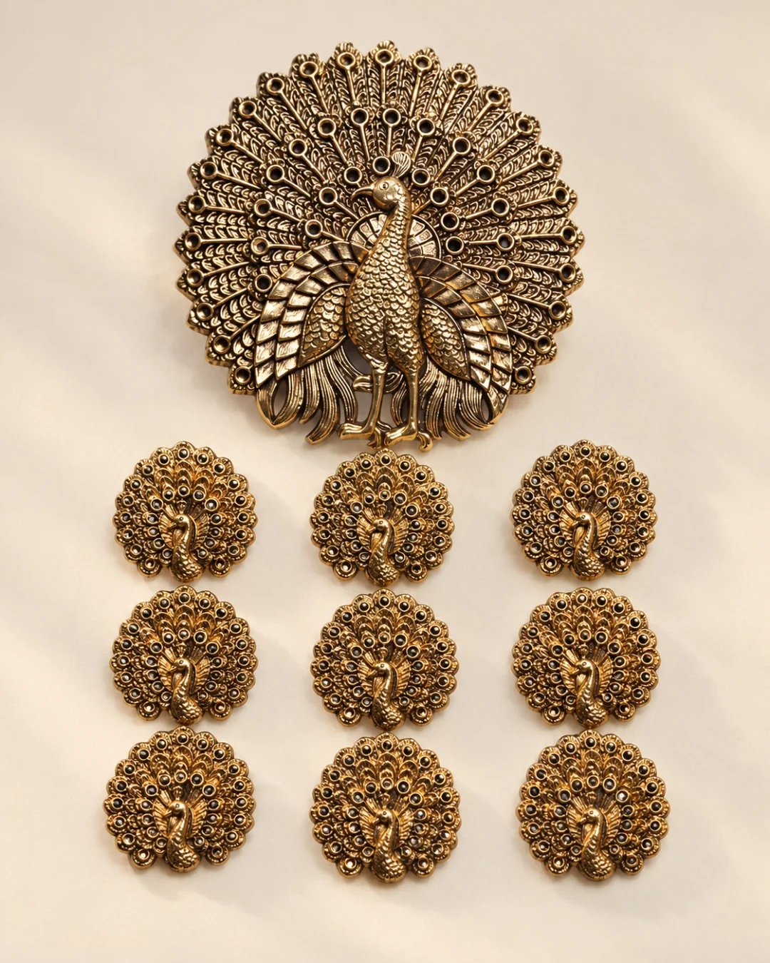 Antique Gold Peacock Brooch & Decorative Button Set