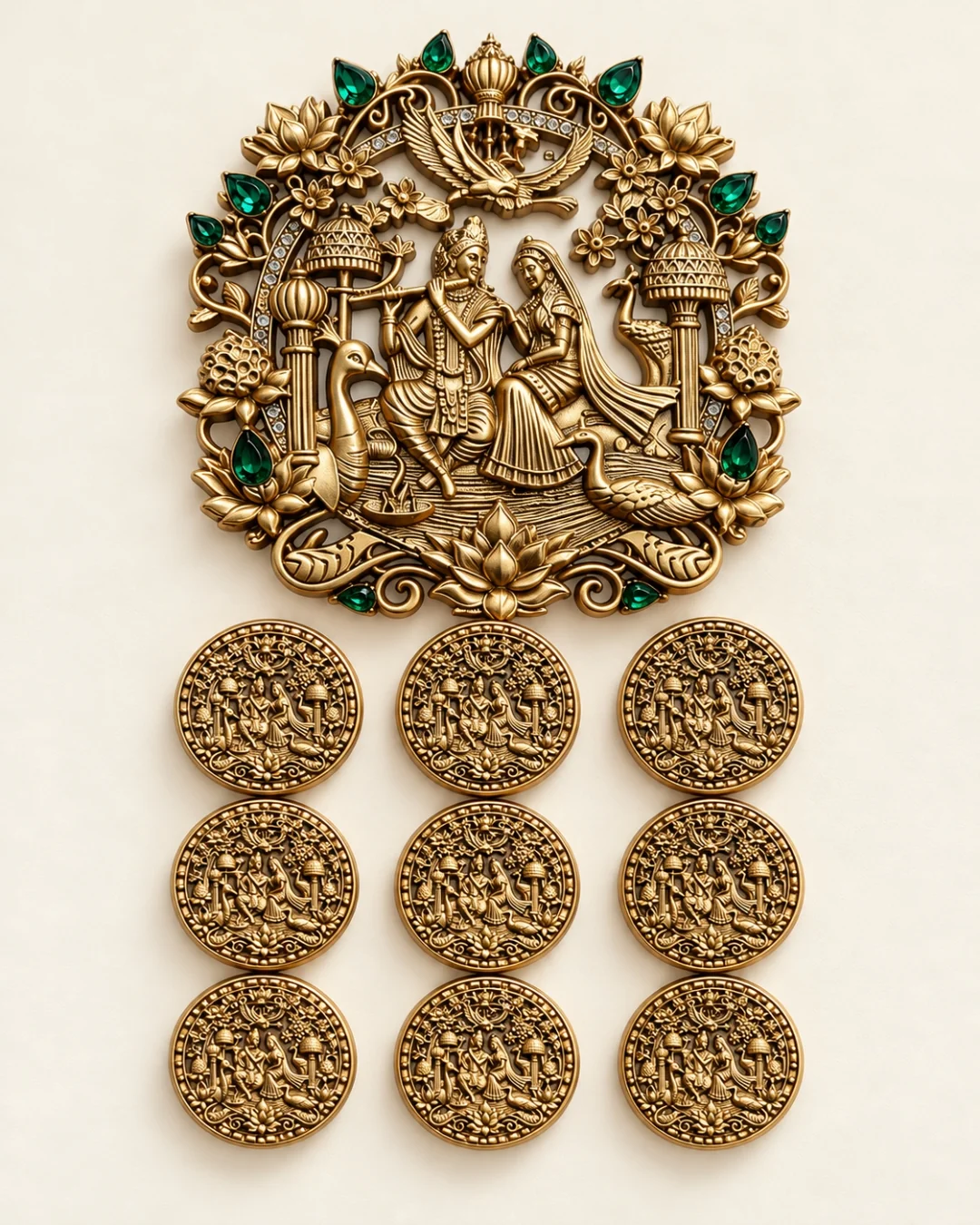 Antique Gold Radha Krishna Brooch & Button Set – Green Stone Embellished Design