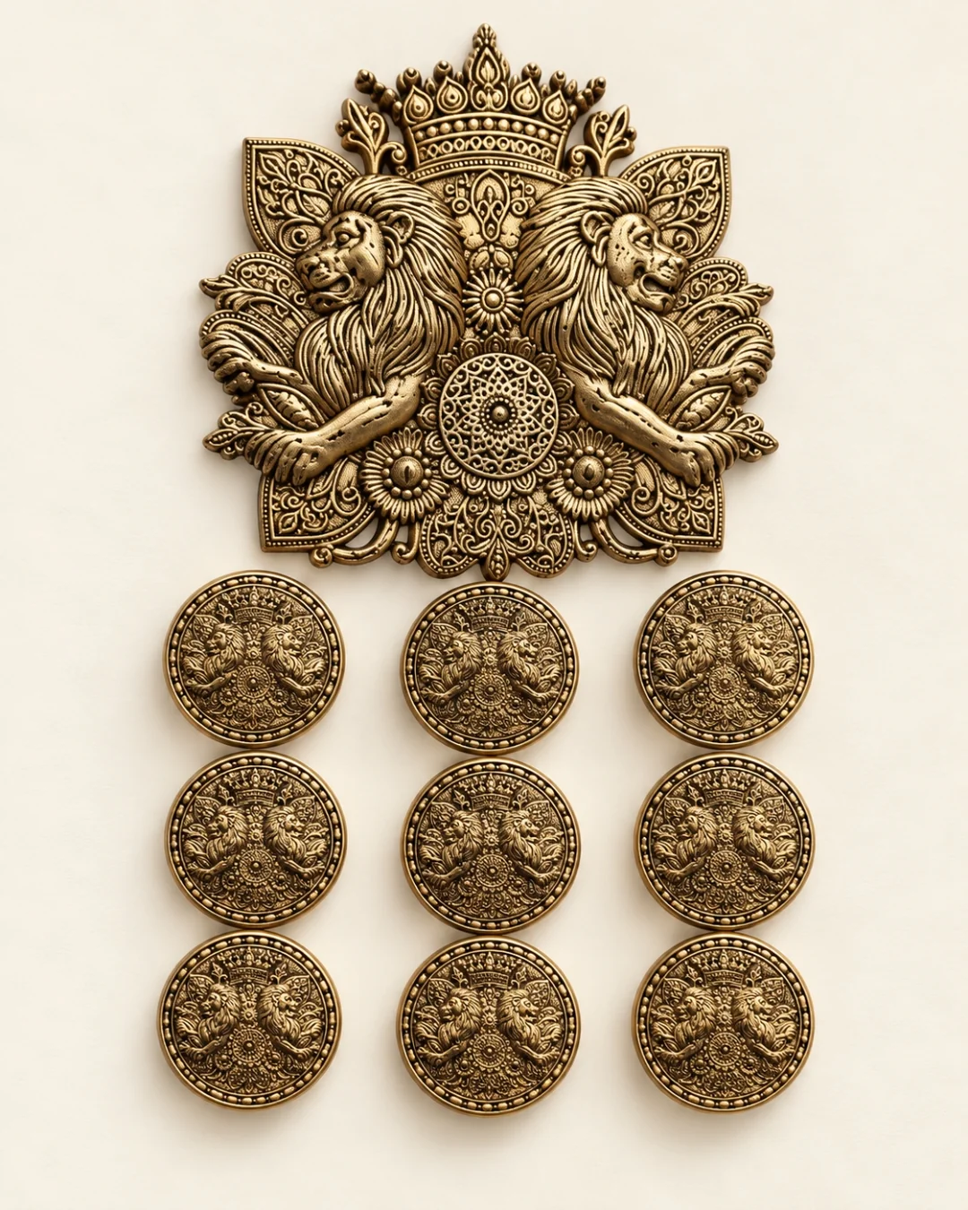 Antique Gold Royal Twin Lion Brooch & Button Set – Crown Heritage Design