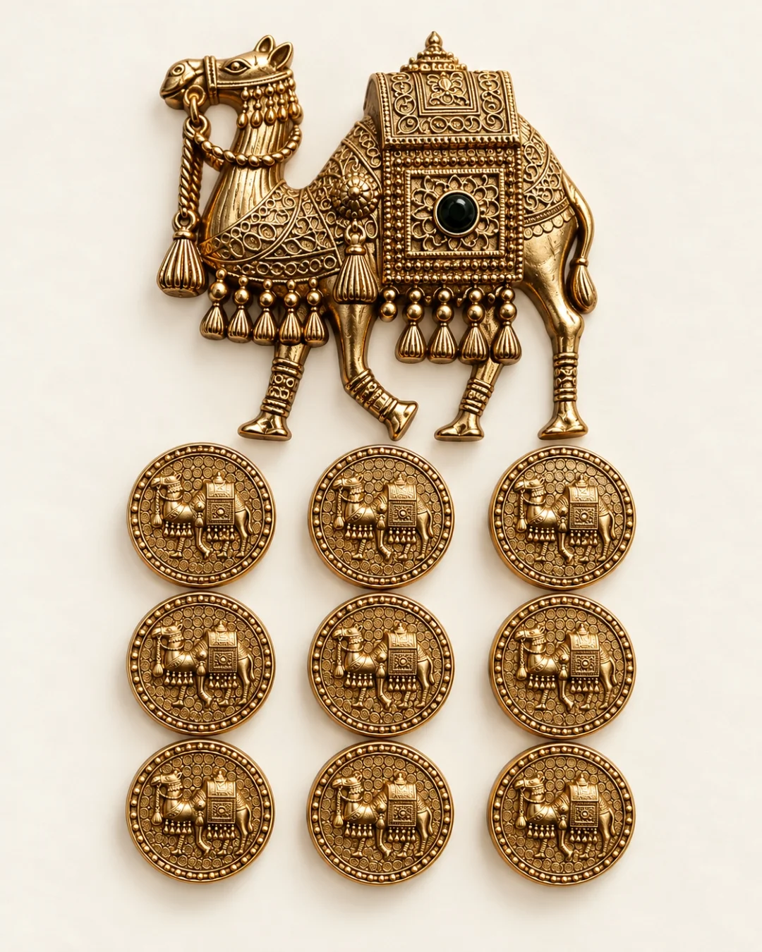 Antique Gold Royal Camel Brooch & Button Set – Black Stone Embellished Design