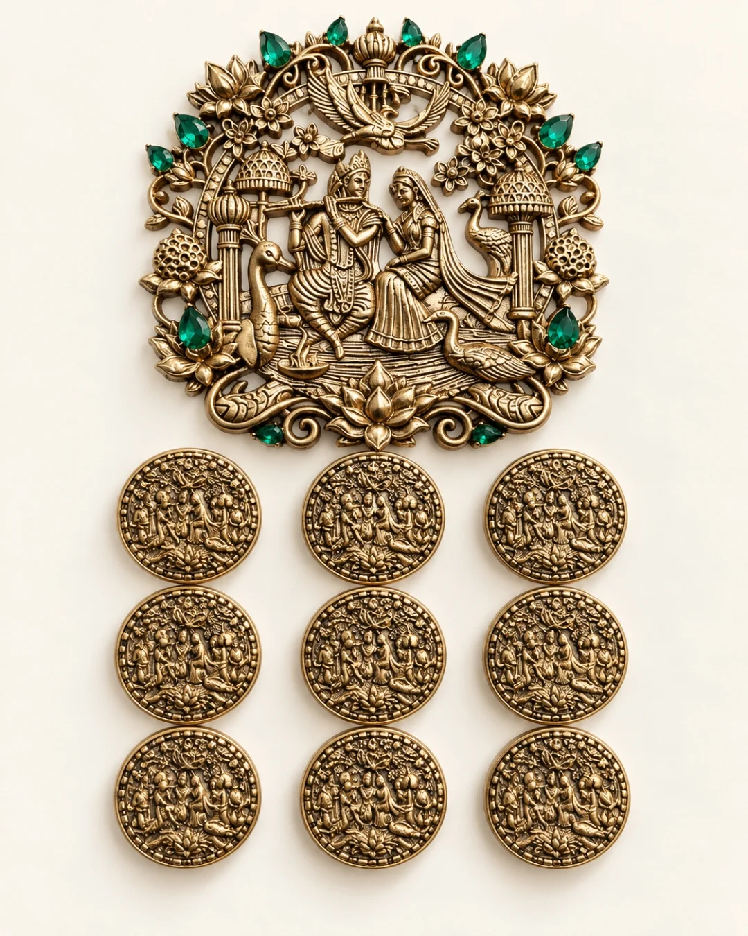 Antique Gold Radha Krishna Brooch & Button Set – Emerald Green Stone Design