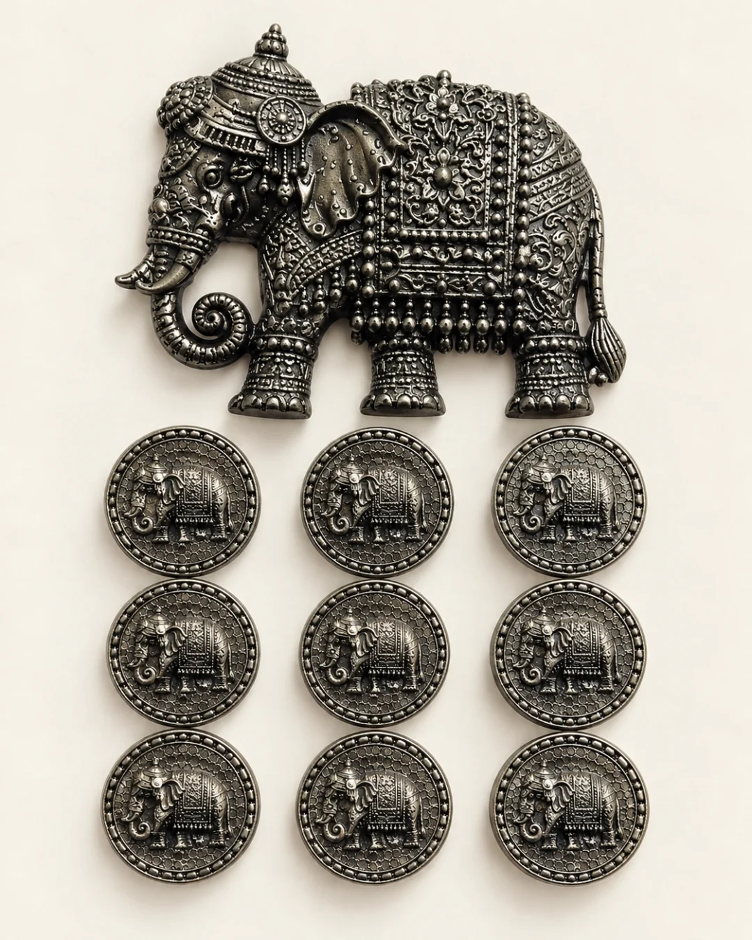 Antique Silver Royal Elephant Brooch & Button Set – Ornate Heritage Design