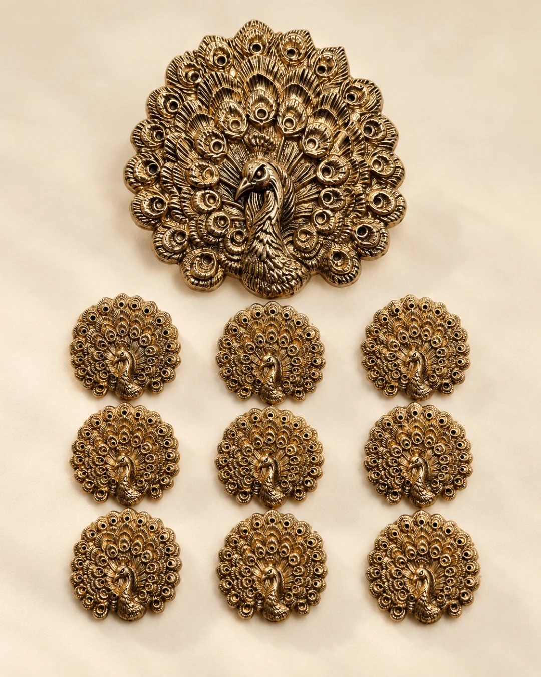 Antique Gold Peacock Brooch & Button Set – Royal Feather Design