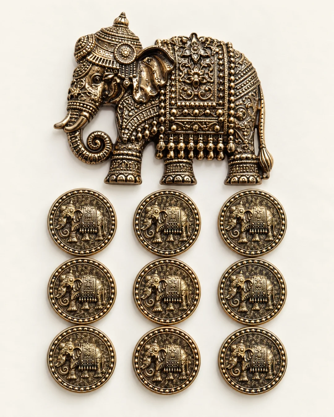 Antique Gold Royal Elephant Brooch & Button Set – Ornate Maharaja Design