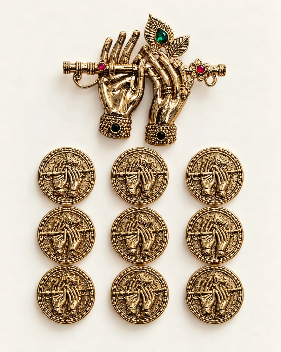 Antique Gold Lord Krishna Flute Brooch & Button Set – Green and Ruby Stone Design