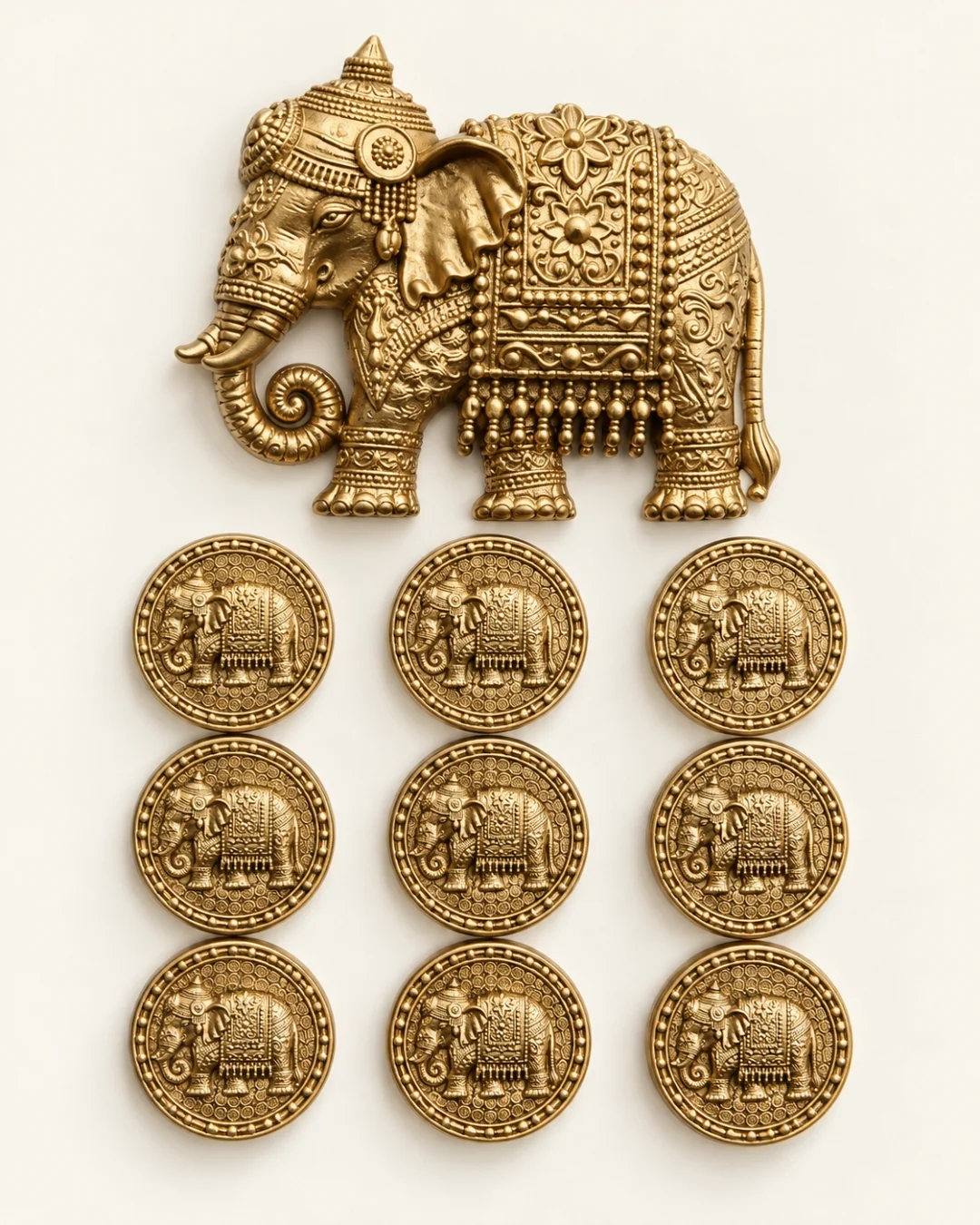 Antique Gold Royal Elephant Brooch & Button Set – Floral Embossed Design