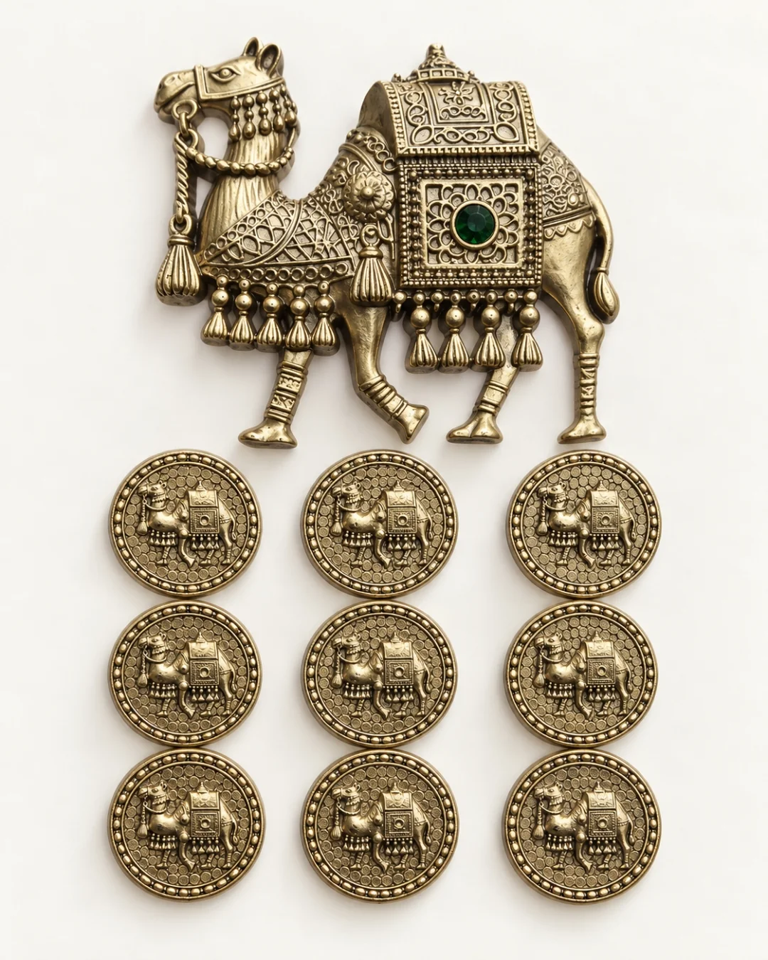 Antique Gold Royal Camel Brooch & Button Set – Emerald Green Stone Design