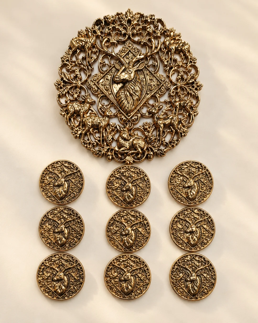 Antique Gold Deer Motif Brooch & Button Set – Ornate Heritage Design