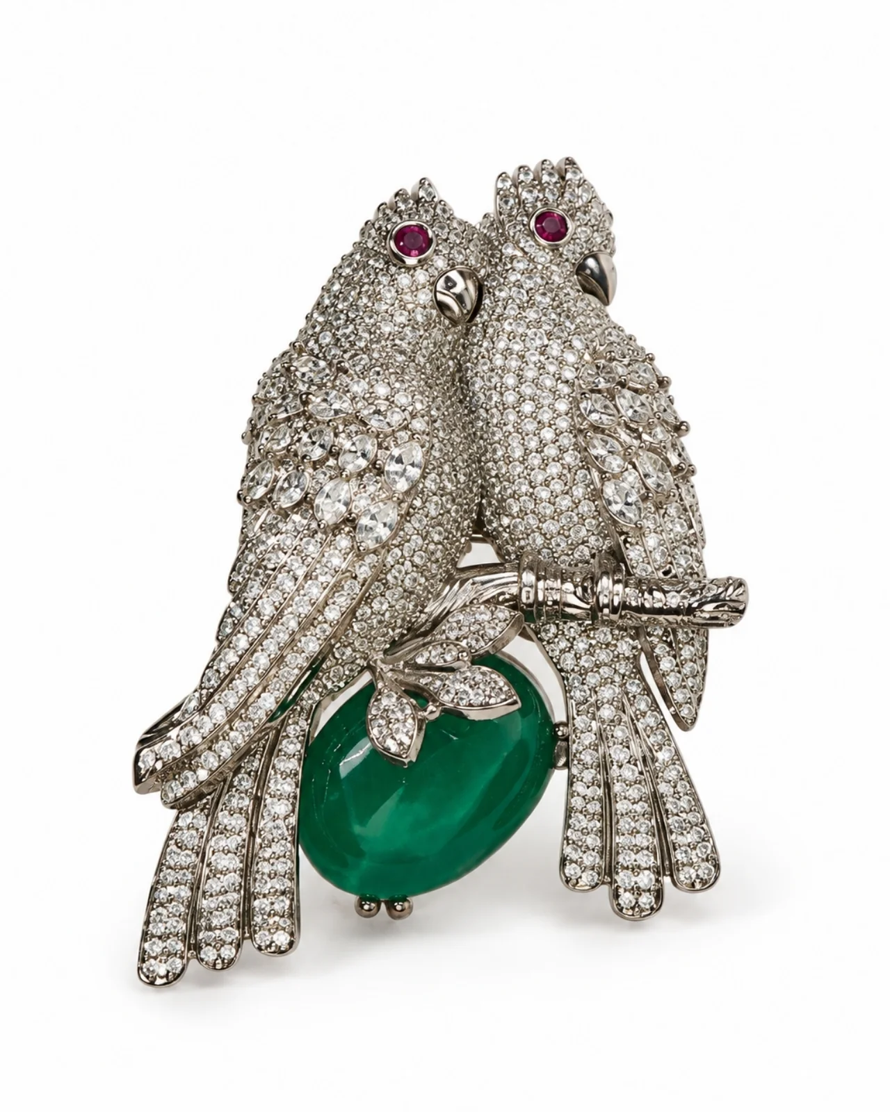 Elegant Crystal-Encrusted Parrot Couple Brooch with Emerald Green Gemstone