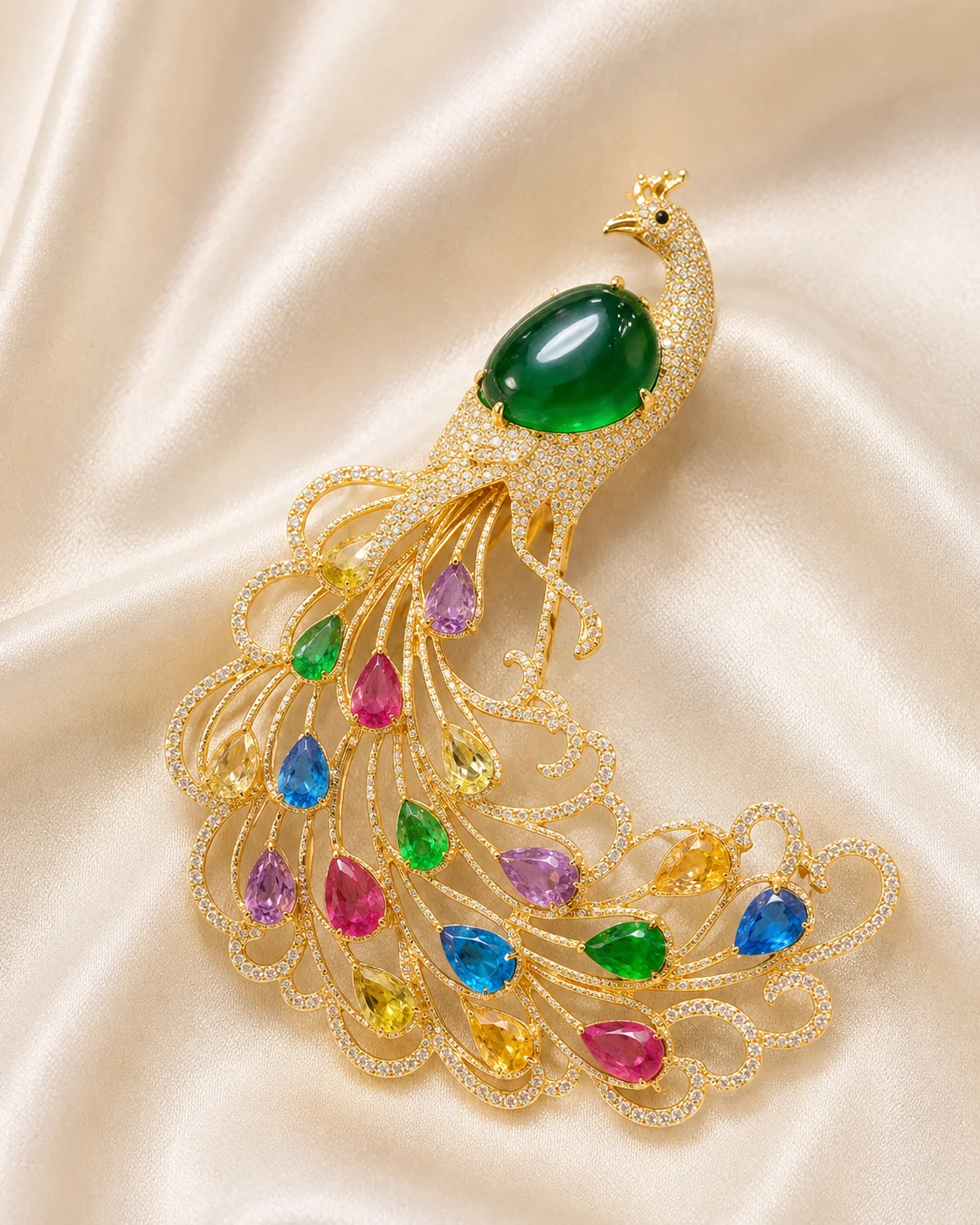 Men's Gold Peacock with Multicolor Brooch