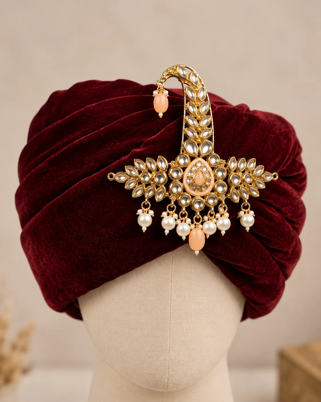 Royal Pearl & Kundan Peacock Turban Brooch