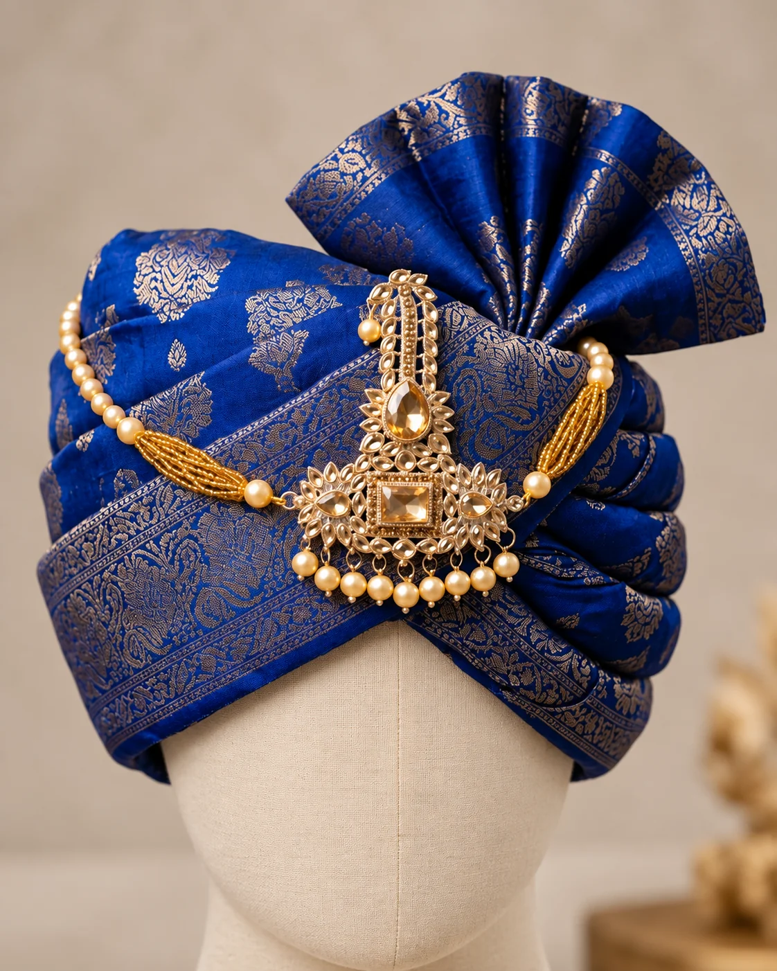 Royal Blue Kundan Pearl Turban Brooch