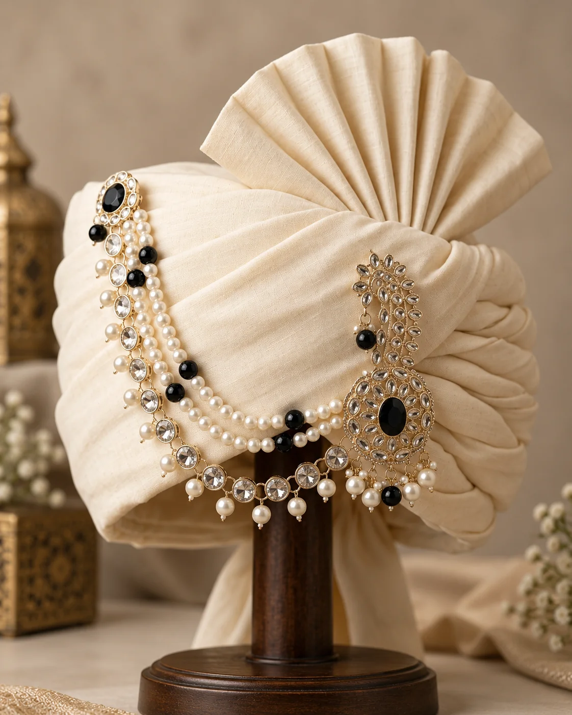 Royal Black Pearl Kundan Turban Sarpech