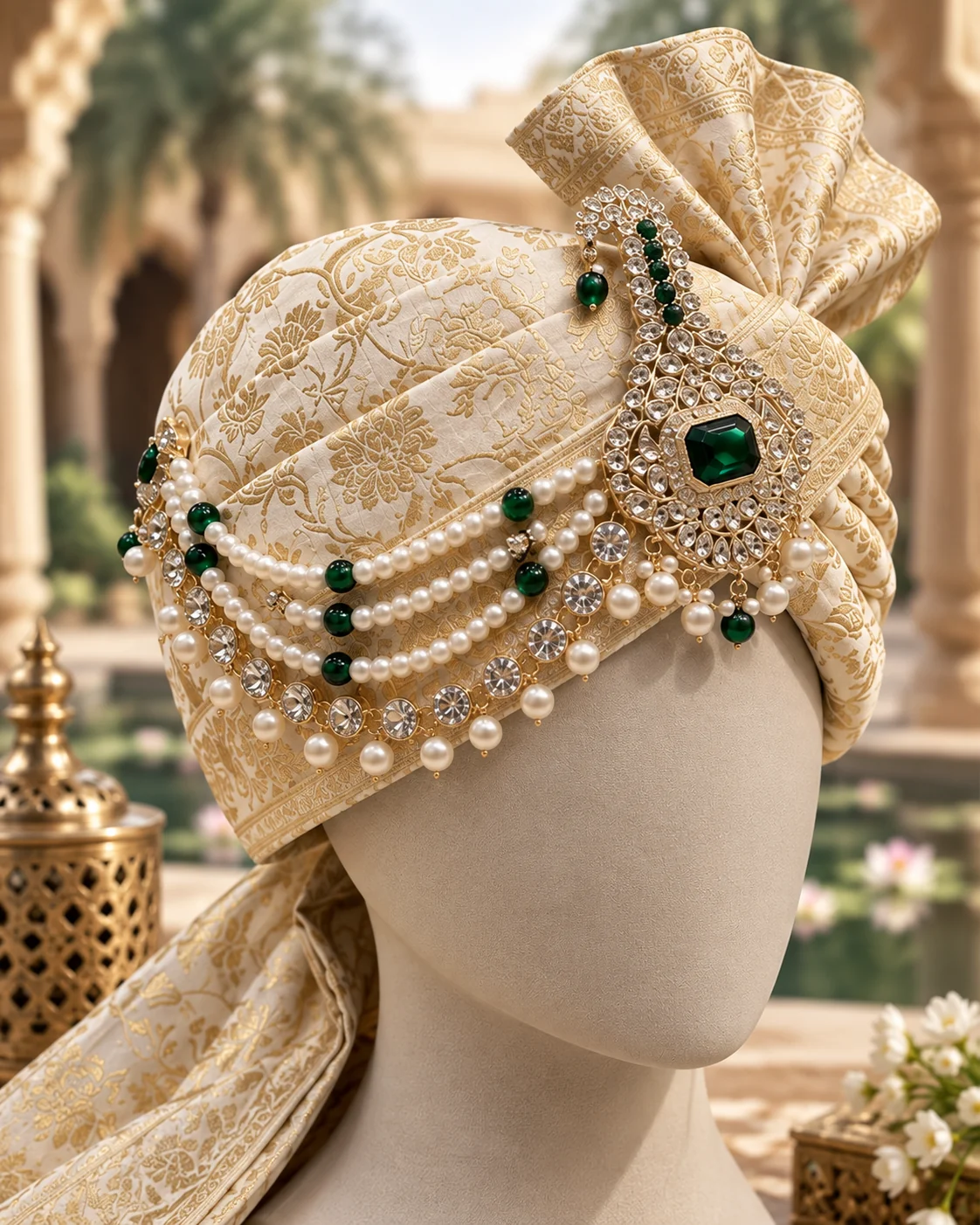 Royal Emerald Pearl Kundan Turban Sarpech