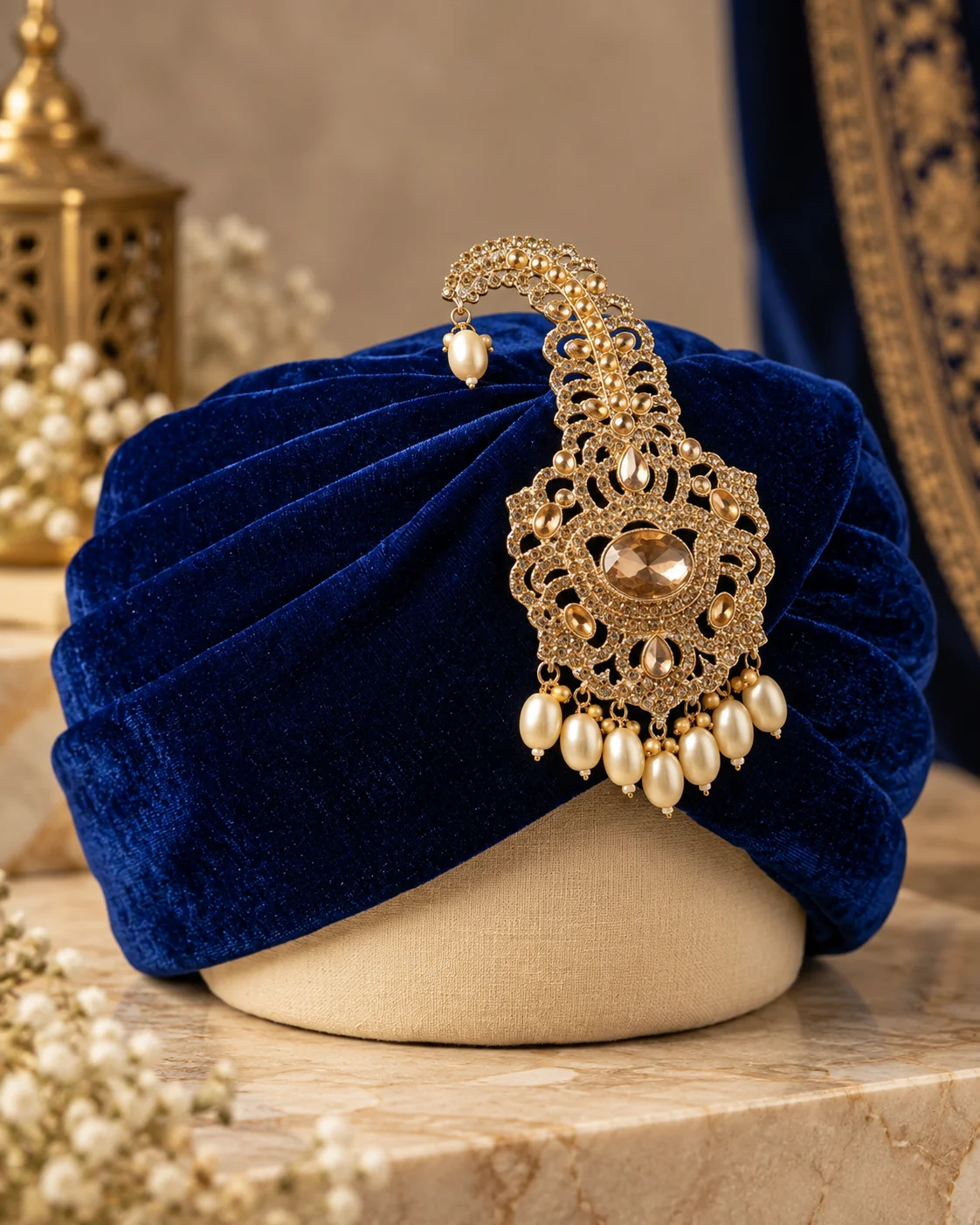 Royal Blue Pearl Kundan Turban Brooch